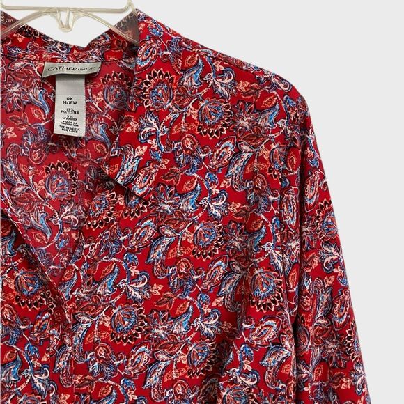 Catherines Button Up Floral Top Women's Size 0X 3/4 Sleeve Red Artsy Boho Office - Picture 6 of 13